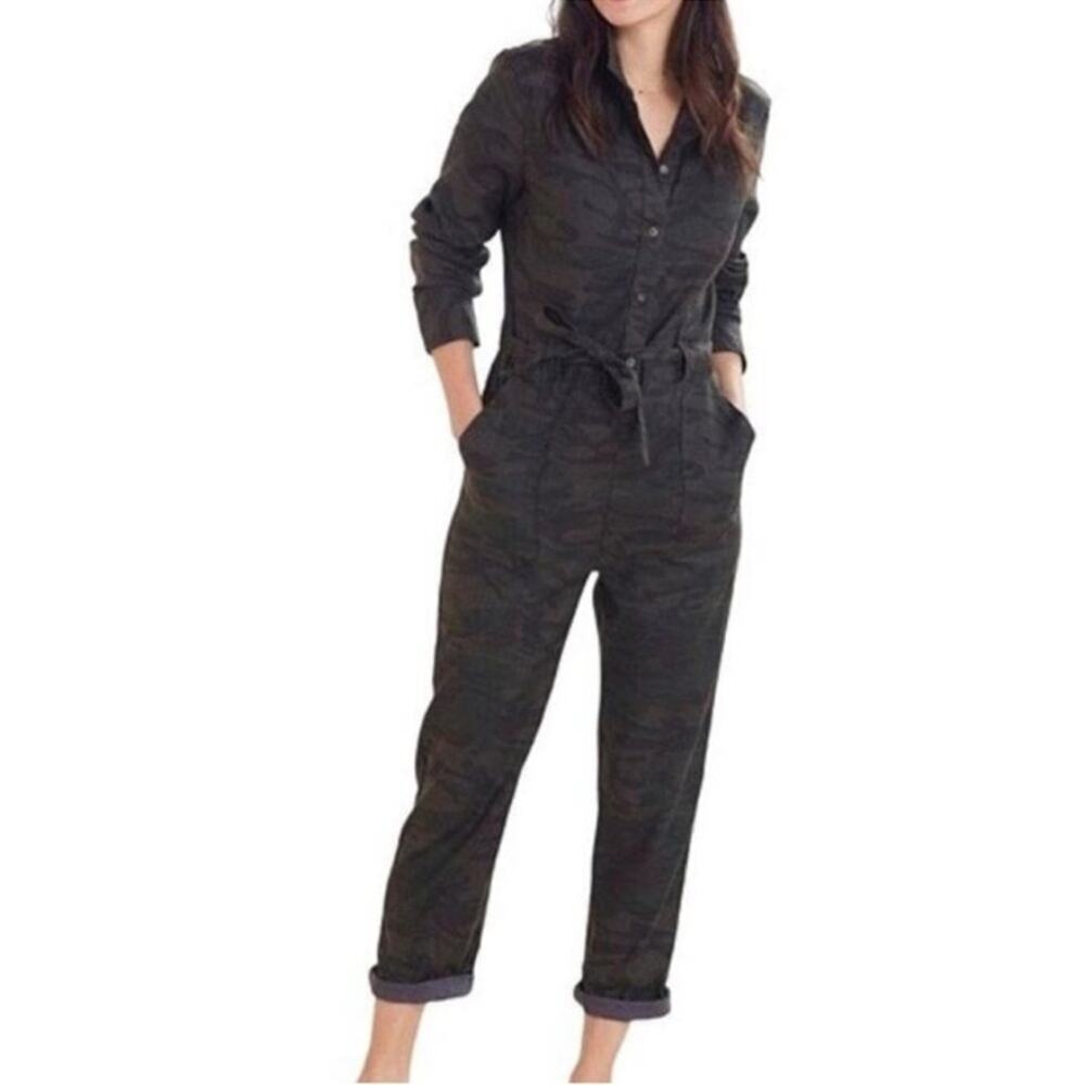 Anthropologie Level 99 "Honey Flight" Camo Jumpsuit Tie Waist Green Brown Size S
